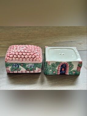 Vintage Avon Pink and Green Ceramic Cottage Salt & Pepper Set